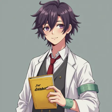 A guy with medium-length dark purple hair and calm purple eyes looks straight ahead, holds a yellow book with the inscription "for dummies" in his hand. He is dressed in a white shirt, over it a gray vest with a red tie, over it a white medical gown with a...