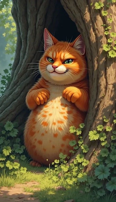 An obese, round orange-colored cat,  He's hiding behind a tree with an evil smile . Realistic image