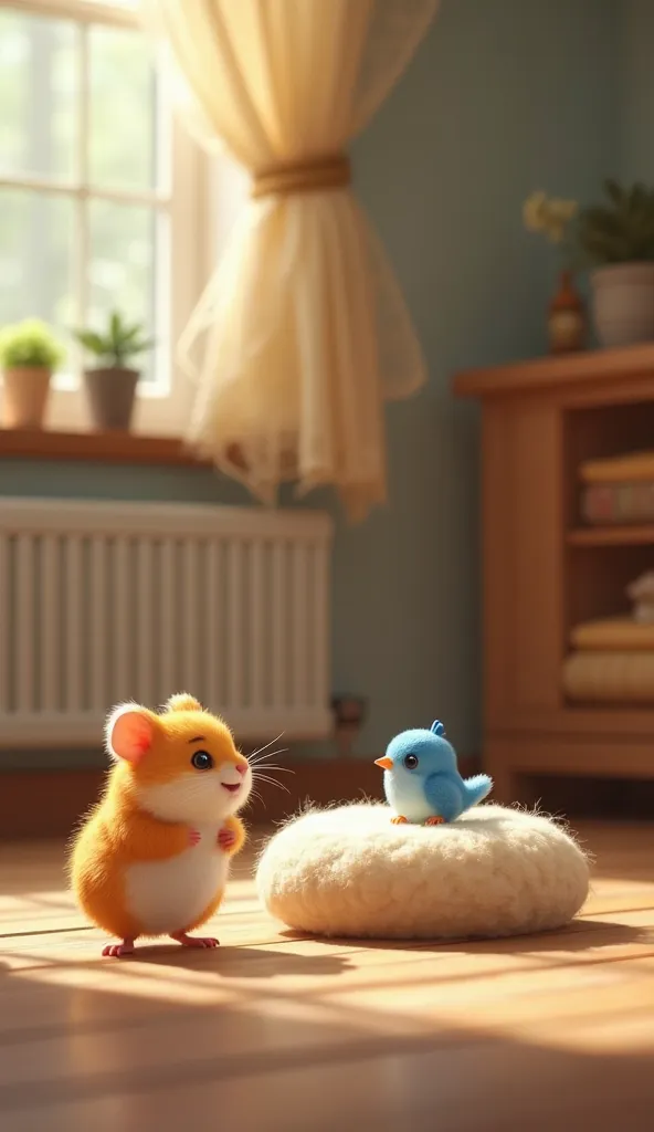 A small, fluffy golden hamster walks across a cozy wooden floor, its tiny paws making soft tapping sounds. Suddenly, it stops and its eyes sparkle with excitement—it has spotted a round, fluffy cushion in the middle of the floor. The hamster’s tiny nose tw...