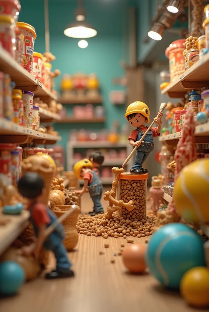 A macro photograph of miniature workers inside a vibrant pet store, interacting with giant treats for dogs and cats. Small workers climb huge rubber bones, workers build towers with kibble the size of a barrel and push giant cans of pet food as if they wer...