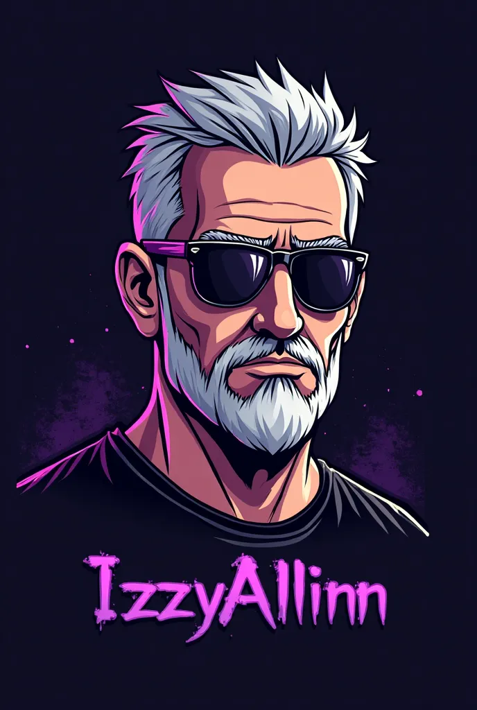 A clean-shaven older man with gray hair, wearing shades and a black shirt, in a bold, cartoony, gaming logo style. The design features a purple and black theme, with 'IzzyAllinn' written in sleek, modern gaming font below