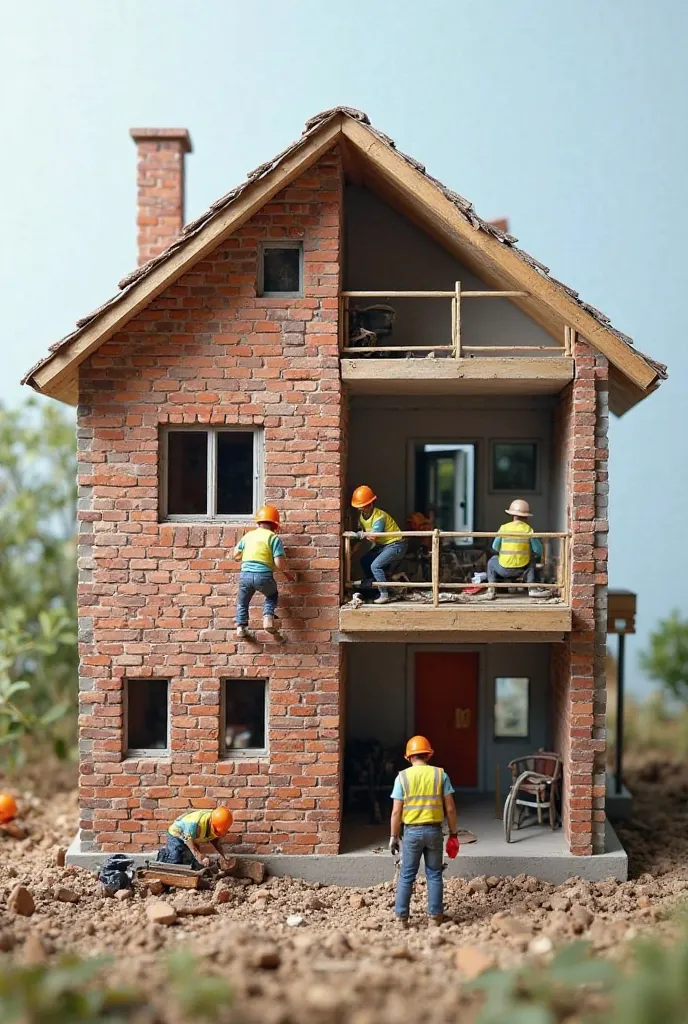 "A half-built house with tiny construction workers actively working on the unfinished side, placing bricks and installing windows. The other half is fully finished with a modern, luxurious design, showing a stunning before-and-after transformation."