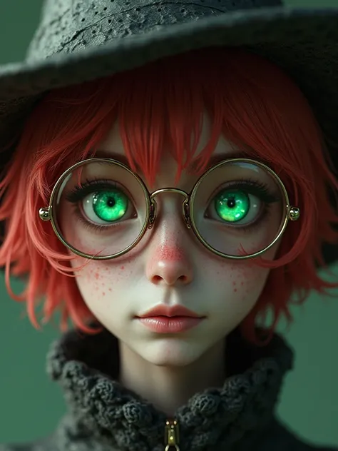 (close-up, face:1.6). short player, (red hair:1.6), (Green demon eyes:1.6), (metal frame diopter glasses:1.4), (witch hat:1.6). ( Masterpiece , top quality shirt, Better quality, official art,  beautiful and aesthetic:1.2), is extremely detailed,(fractal a...