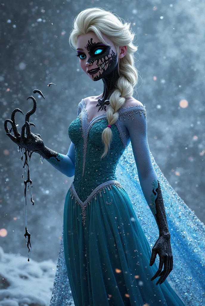 Here’s a detailed AI image generation prompt for Elsa fused with Venom:

*"A dark yet mesmerizing fusion of Elsa from Frozen and Venom from Marvel. Elsa’s elegant ice-blue gown is now infused with the black, living symbiote, creating a hybrid look where fl...