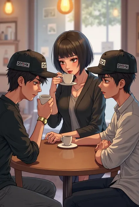 Two men sitting at a table and a woman with very short black hair should wear hats that say bnova and drink coffee