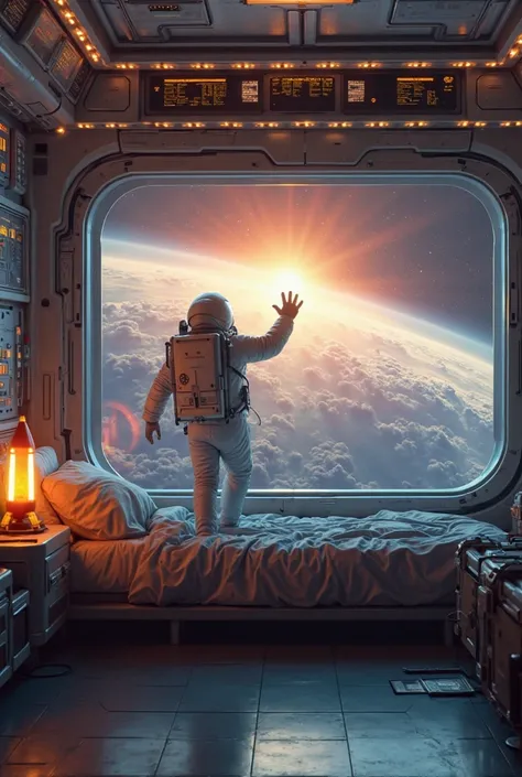 Create an extremely realistic and ultra-detailed image of an astronaut rising from his bed in a spaceship. The bed is positioned next to a large window, através da qual é possível ver a Terra e o Sol brilhando intensamente In the background, illuminating t...