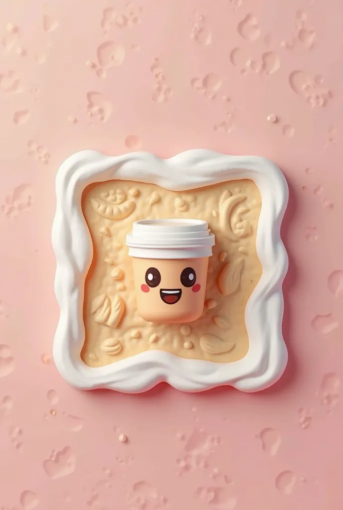  3D style sticker with rubberized and puffed look, has white edges and is located in the middle of a square with a plastic dough effect, Of depth  "  And a cute emoji-style cup in the middle.