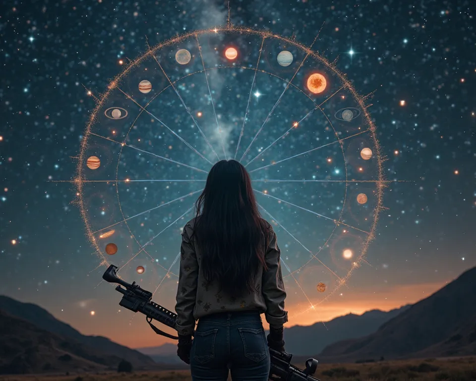 YouTube video cover, mapa astral, Astrological New Year,  high contrast, Cinematic Camera, high resolution, woman looking at the zodiac in the sky, All the planets in the solar system in alignment in the night sky, from the Earth's point of view, woman wit...