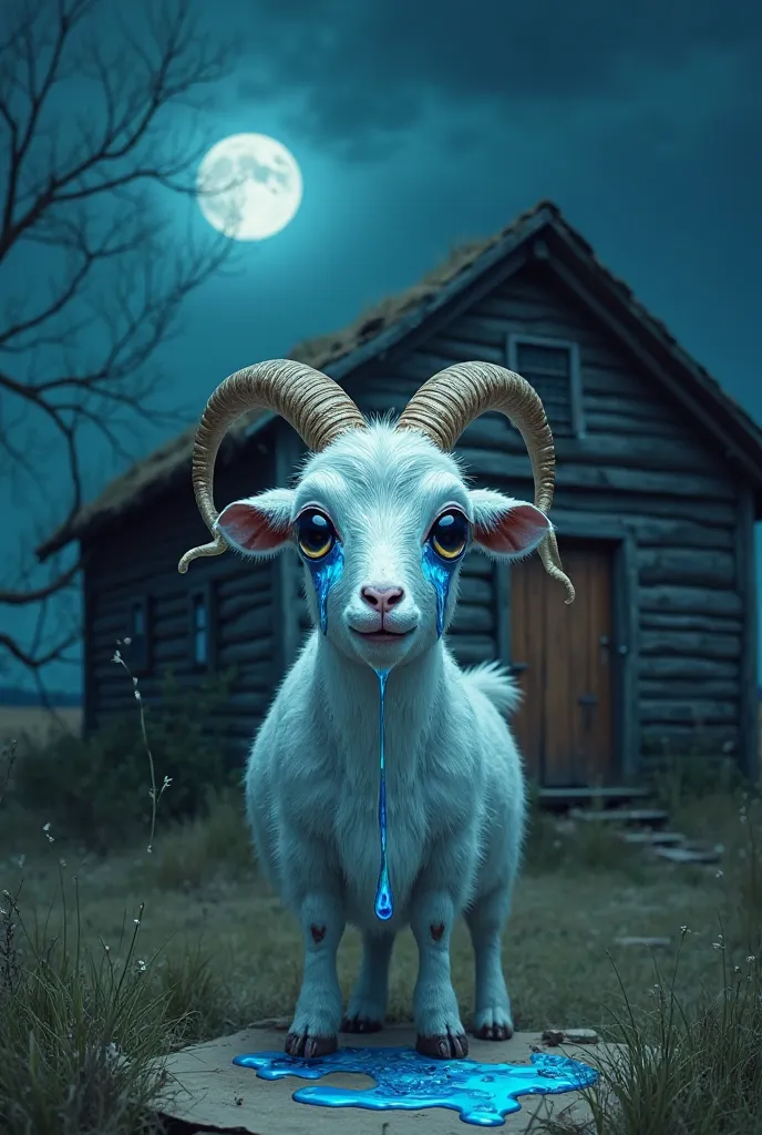 The image shows a white goat with tears streaming down her face, that appear to be blue and are dripping on a piece of paper on the floor. The goat is positioned in front of a small cabin, and there's a full moon in the night sky behind it. The scene is in...