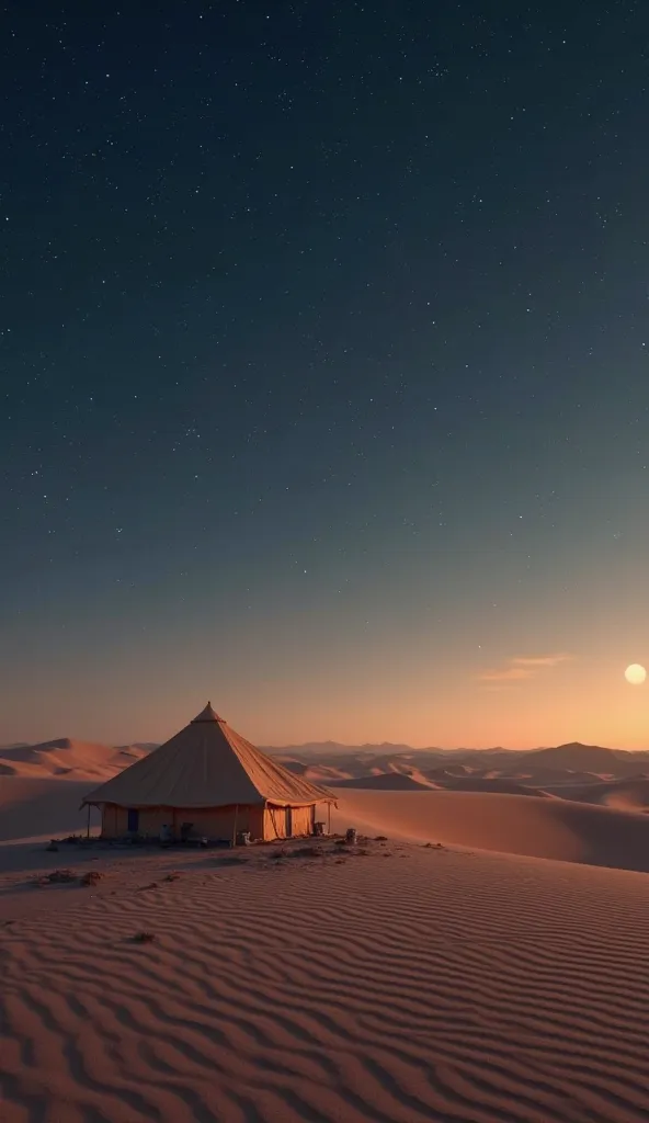 Nightfall, stars emerging, calm desert, distant view of tent, wide shot, hyper-realistic, photo realism, cinematography.