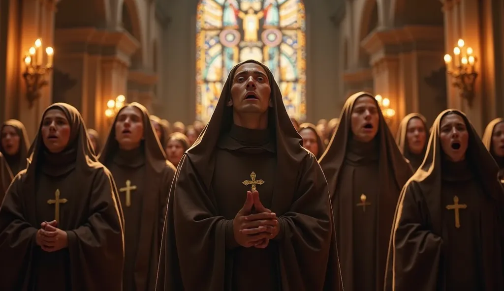 Holy men of the Discalced Carmelites singing in a choir