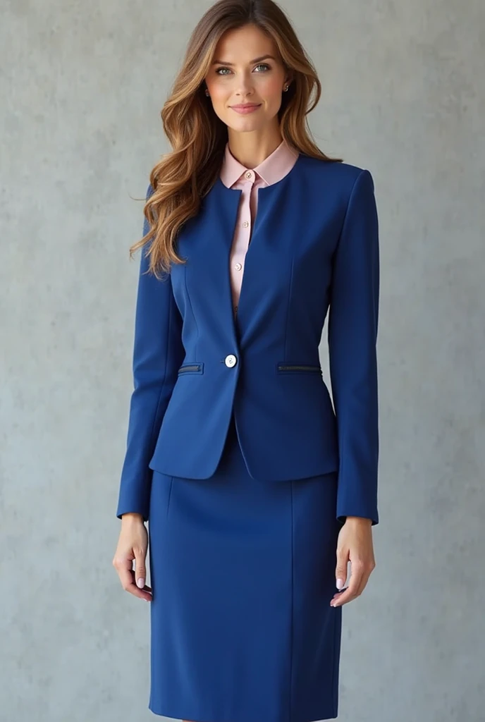  professional outfit for an executive woman. The set includes a business uniform in royal blue, The royal blue jacket with round neckline with thin biases in dark navy blue with 2 white buttons In addition, Do you mention a navy blue knee-length skirt stra...