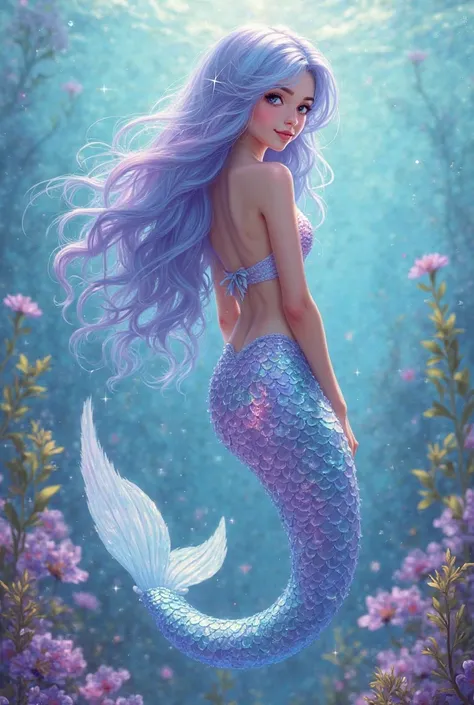 pretty long pastel blue purple and pink haired high school mermaid with a sparkly pastel purple pink and blue diamond mermaid tail