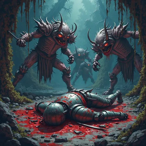 high resolution, masterpiece, photo realistic, surrealism, knight Authur, video game character of ghost and goblins, Authur brutal defeated scene by  monsters.