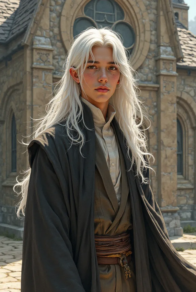 A white-haired long-haired priest with brown eyes and he looks young, 25 years old with a small scar on his sheke in front of the old church