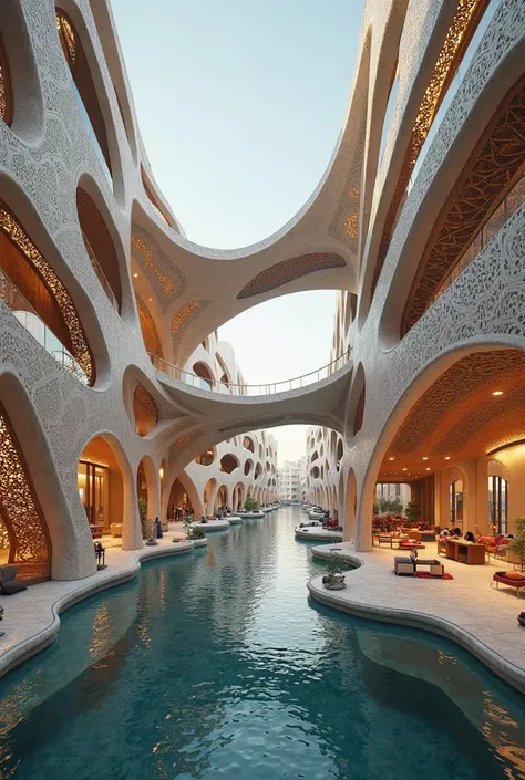 *"A 5-star hotel in Baghdad with flowing organic shape mimicking a river, connected by glass bridges, modern Islamic architecture