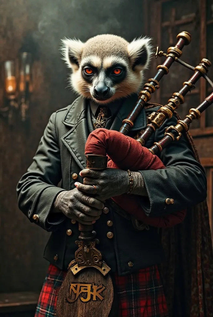 Lemur, male, peaky blinders, kilt, bald head, grumpy, bagpipes with NBK logo, mafia theme 