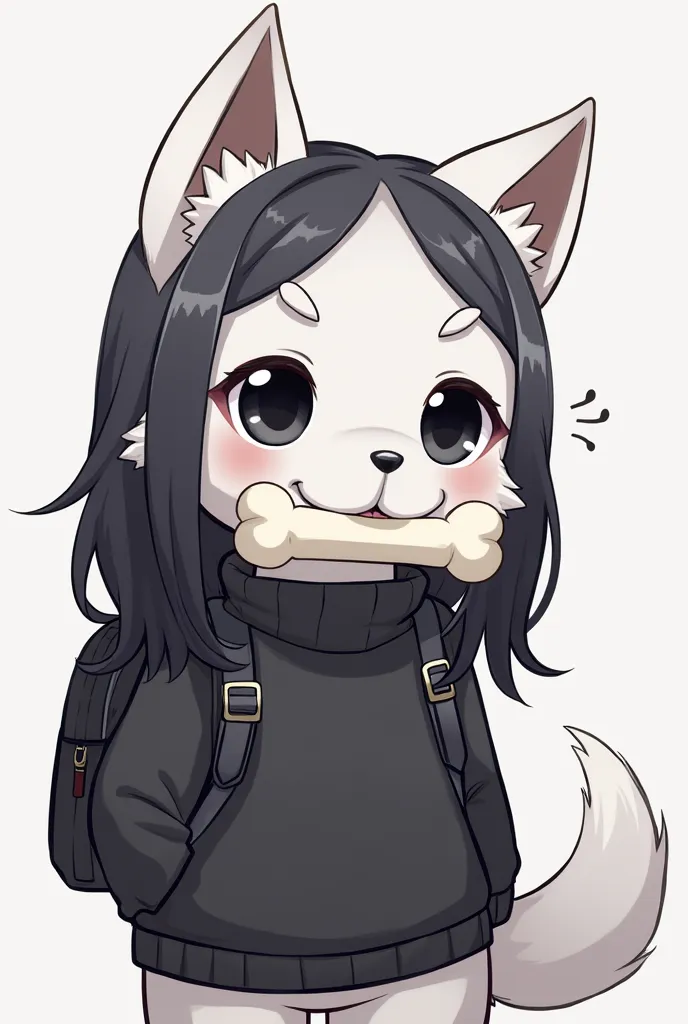 Fursona white dog with long black hair on the head wolf cute and with black lenses and white bone in the mouth, style with black sweater and black backpack