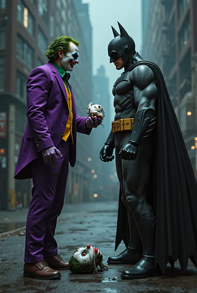 Joker holds Batman's mask in his hand and Batman throws it on the ground and Joker steps on it.