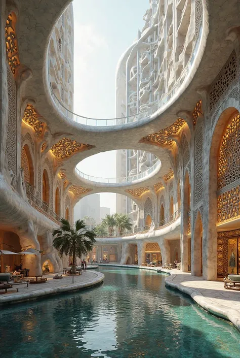 *"A 5-star hotel in Baghdad with flowing organic shape mimicking a river, connected by glass bridges, modern Islamic architecture