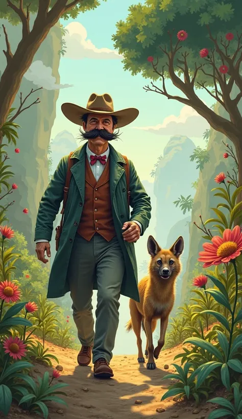 Illustrate a whimsical, storybook-style scene of Theodore Roosevelt and his pet hyena, Bill, going on an adventure. Roosevelt, with his iconic mustache and adventurous spirit, should be depicted leading Bill through a lush, stylized landscape, perhaps on a...