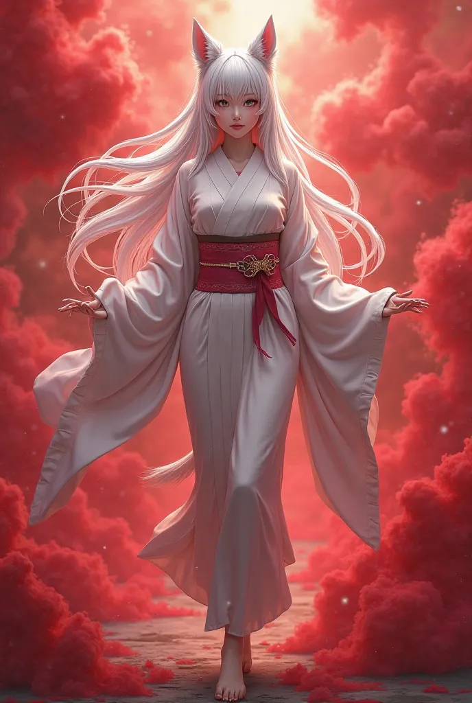 has light eyes, White hair, dog ears, kimono and she's always barefoot, long nails, Smile Fina,  Red smoke behind anime 