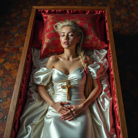 30 year old woman long blonde Mohawk  kissing dead 30 tear old woman long red Mohawk year old  woman  roses in   long posttail  head on satin pillow in shiny satin weddibg dress with veil on head  eyes closed mouth closed barefoot hands folded on chest hol...