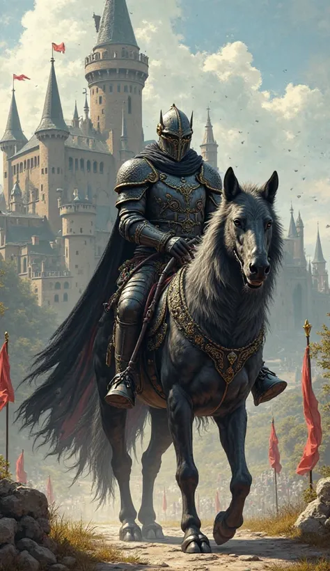 "A noble warrior in black armor adorned with gold rides an imposing horse alongside a giant humanoid wolf. The wolf wears matching armor and walks elegantly, with sharp eyes and a dominant posture. Behind them, a medieval castle with fluttering flags and a...