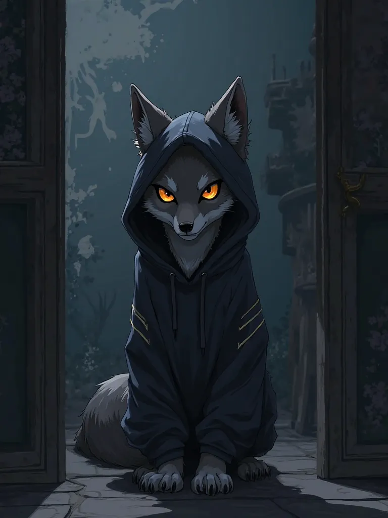 Little wolf with black hoodie in dark room anime style