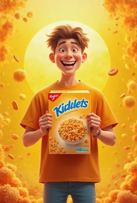 Make an advertisement for breakfast cereals intended for the public . Play a young man holding the cereal box and plenty of the colors yellow and orange