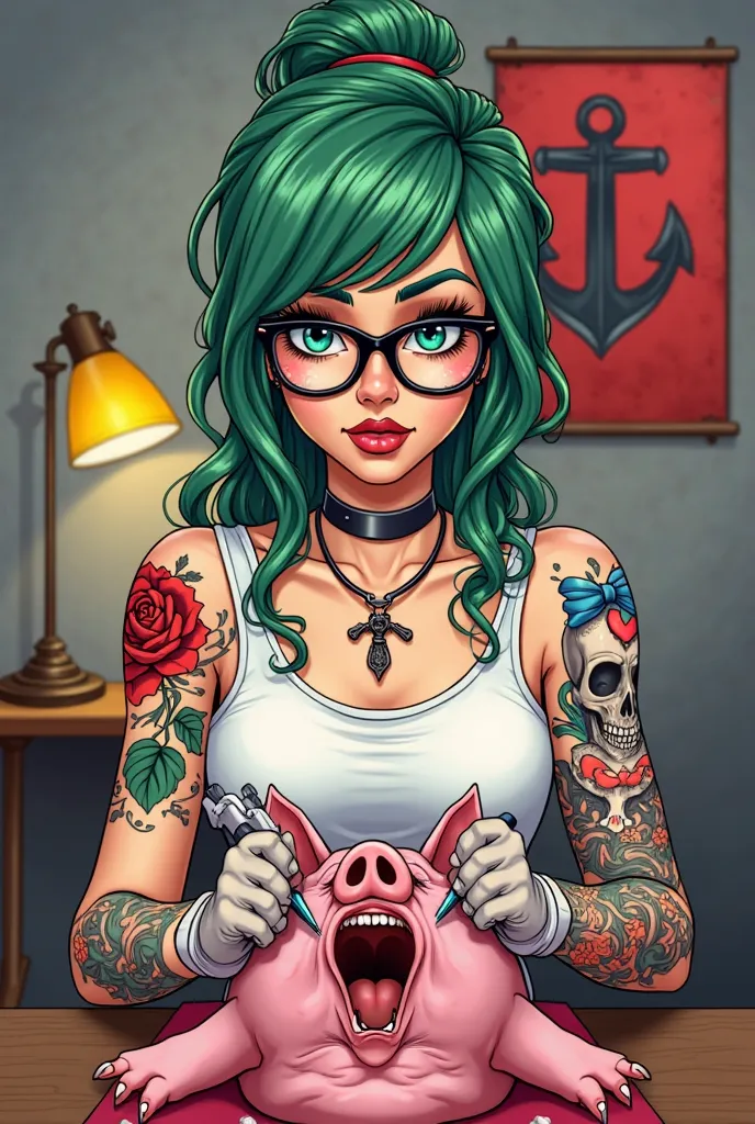 A tattoo artist girl with green hair, white tank top, black cat-eye glasses, old school tattoos on her arms (red rose with yellow dagger, black anchor with blue ribbon and heart), tattooing a screaming pink pig with a black skull tattoo design (red eyes, b...