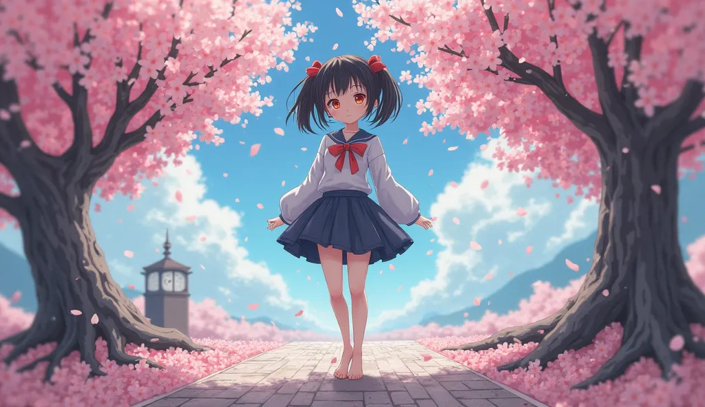 Create me an anime-style image of a girl with a full body and who is barefoot with black hair with two pigtails, with one eye colored red and the other eye colored yellow and inside that eye a clock with old numbers and in the background a landscape where ...