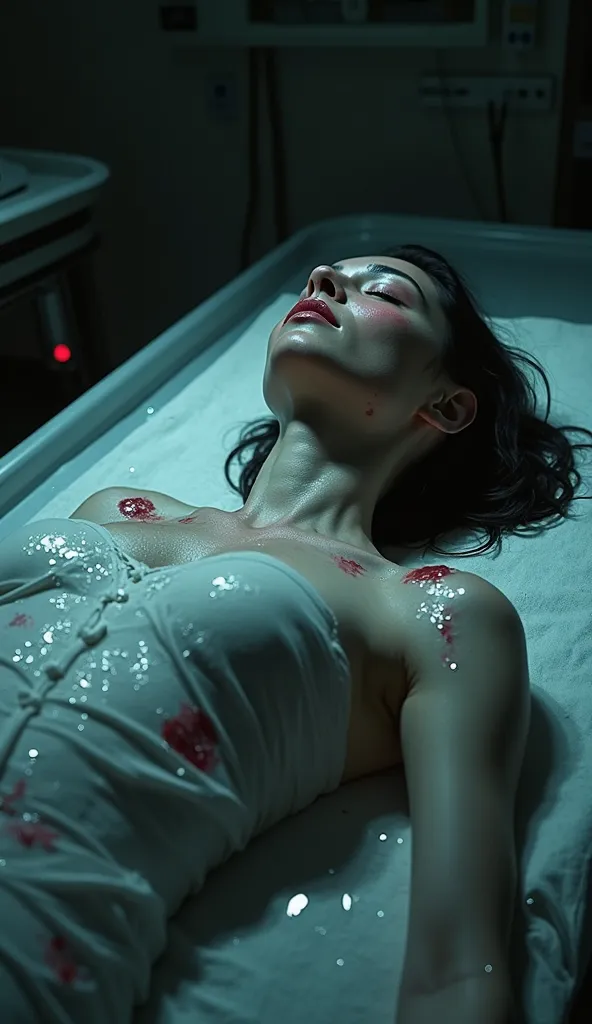 The body of the young woman on the autopsy table, with sweat starting to appear on the skin. The atmosphere is tense and macabre, with shadows cast over the body. Víctor is paralyzed, as sweat forms on the body.