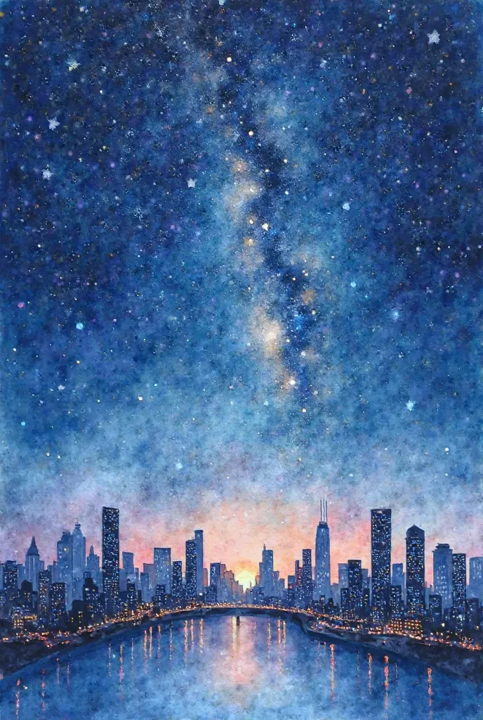 A breathtaking watercolor painting of a serene cityscape under a vast, starry night sky. The deep indigo and cobalt blue sky is adorned with countless twinkling stars, some softly blurred to create a dreamy glow. The Milky Way subtly blends into the backgr...