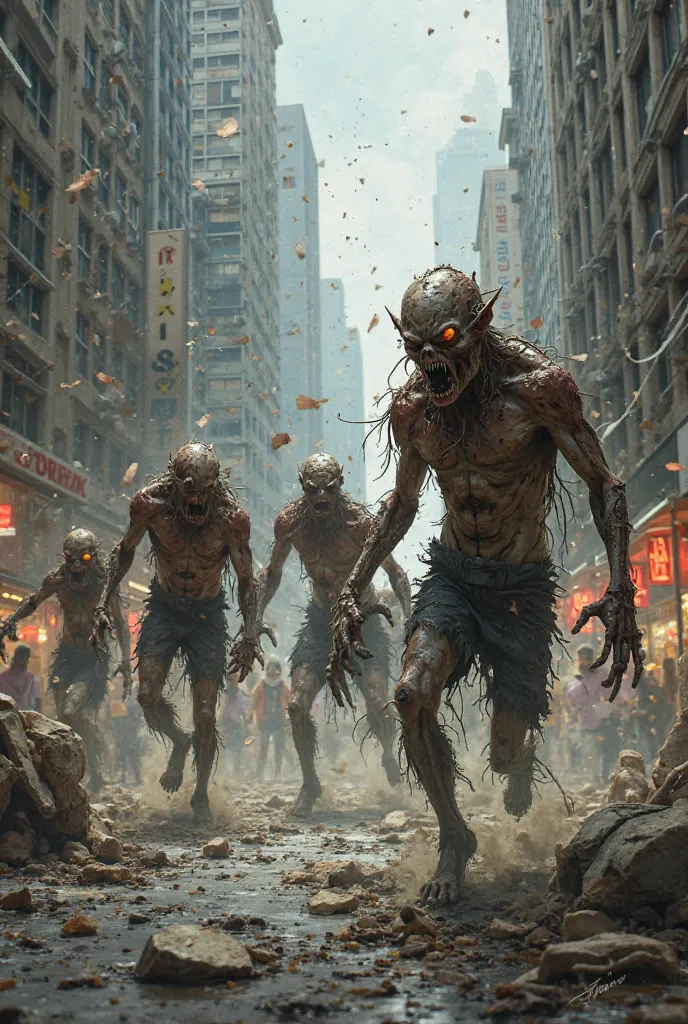 Create an image of 5 half-mutant zombies causing an attack in the middle of a city, utilize a arte da capa de Dungeons and Dragons como inspiraçao 