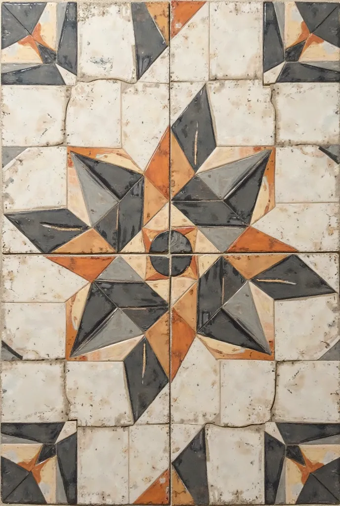 Create a tile with geometric shapes: with interconnected equilateral squares and triangles in the shape of a star and with contrasting colors, following a symmetric and well distributed pattern.