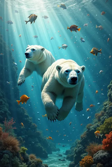 Do a pair of polar bears swimming with beautiful fish, The photo is underwater 