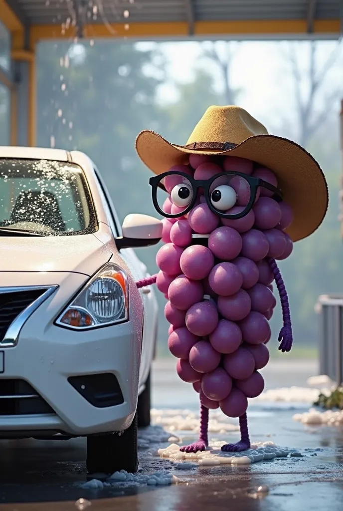 Make a grape with glasses and a ranch hat, In a car wash washing a white Versa 2016