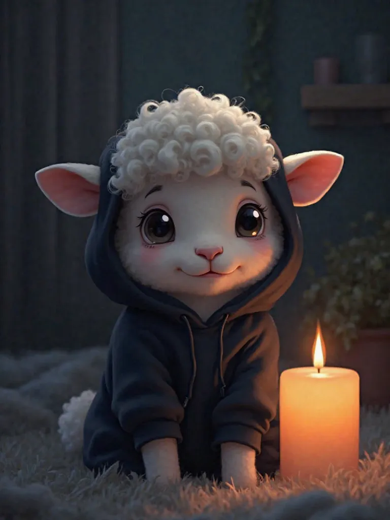 Little sheep with black hoodie in dark room anime style