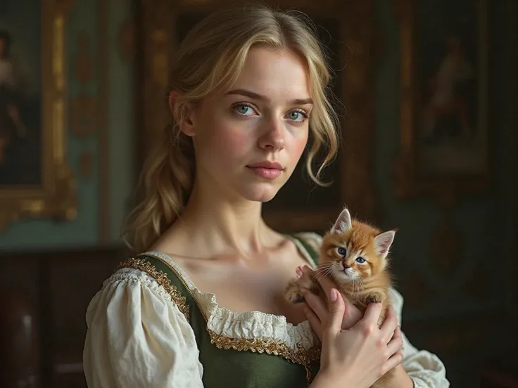 Create an image of the composer Élisabeth Jacquet De la Guerre,Holding a Small Kitten,Her appearance Make it Realistic and Beautiful , with light blue eyes  , blond hair ,In the photo she is 22 years old,And create a beautiful and classic setting behind he...