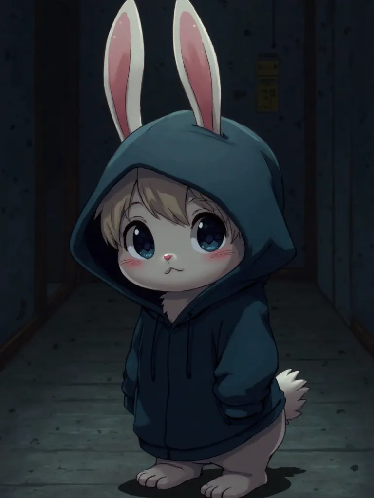 Little rabitt with black hoodie in dark room anime style