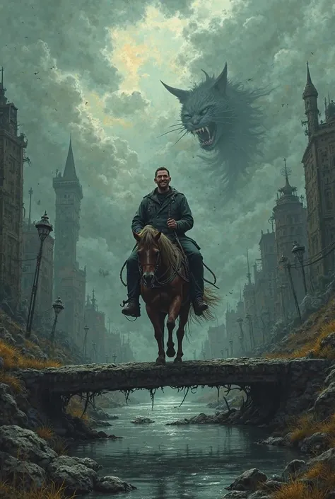 a man riding a horse across a bridge over a river, a matte painting, inspired by Hirohiko Araki, h.r. giger city, clouds and corrupted city behind, wide evil grin, cat attacking tokyo