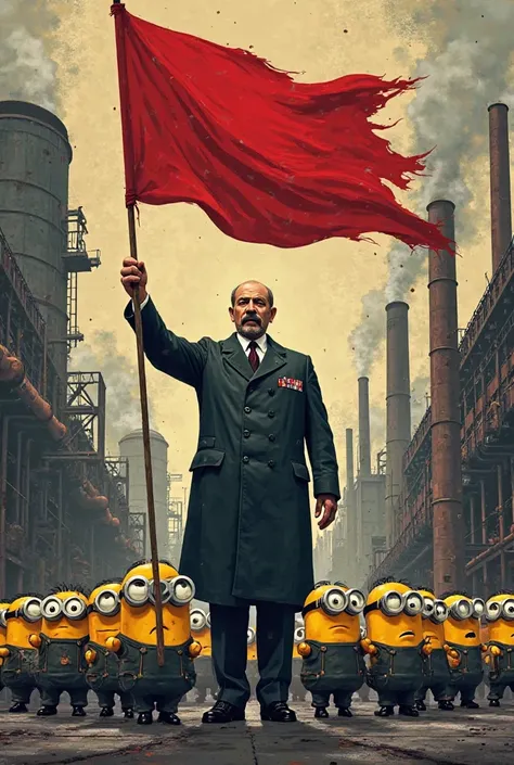 Red flag and minions in Lenin's hand