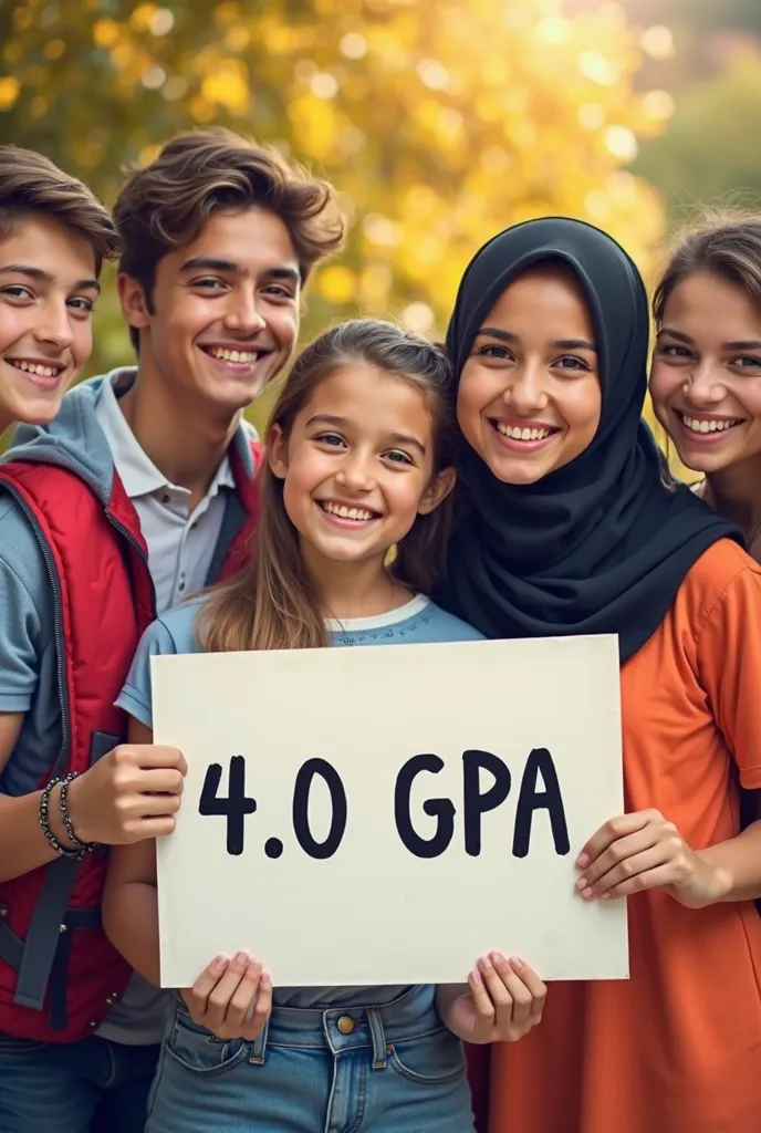 make 2 boys and 2 girls hold a sogn that says 4.0 gpa gang and make sure one of the girls in wearing a black head scarf but showing her neck