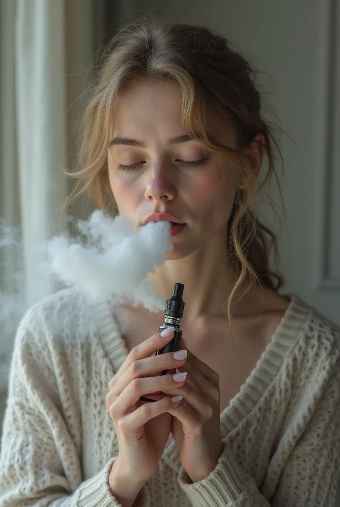 A blonde girl holds an electronic cigarette in her hands and releases a lot of smoke from her mouth