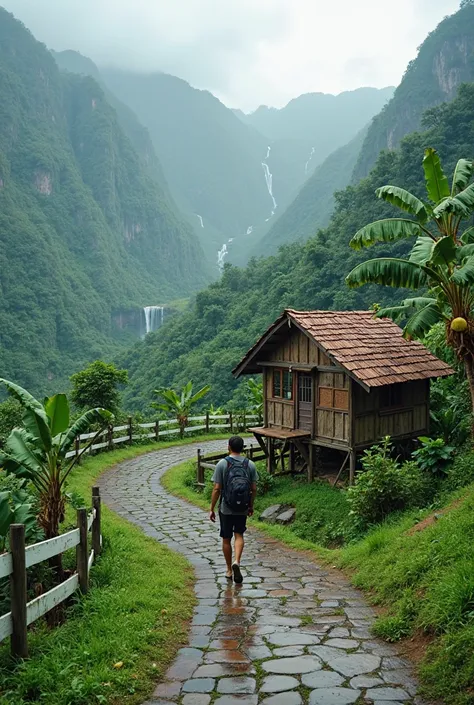 epic photography style  , A winding road paved with square stones , with green grass and a white fence on the left right ,leads to a simple stilt house made of brown teak, with bamboo flooring and tile roof , around a banana tree  , a young man was standin...