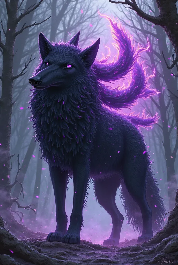 Fait dans un style manga, un grand loup qui est noir avec une aura violette qui a neuf queues et qui est un peu humanoïde mais qui se tient quand même sur quatre pattes 