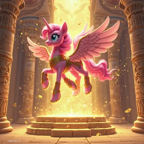 Pinkie Pie from My Little Pony is a divine figure, wearing armor and regalia of Exodia from Yu-Gi-Oh!, golden magical plating, glowing with celestial energy, She is floating majestically in the air, her mane flowing in a supernatural strong winds, showing ...