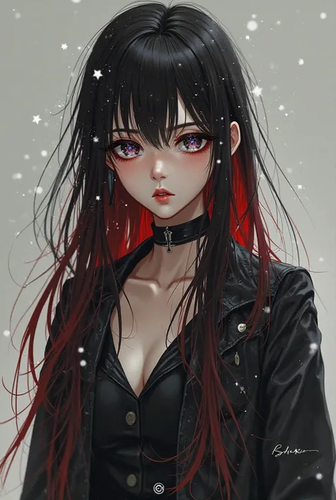 A girl with long red hair that looks like blood and black eyes inside her are shining white stars and her hair is tied on both sides wearing wide pants and an anime jacket