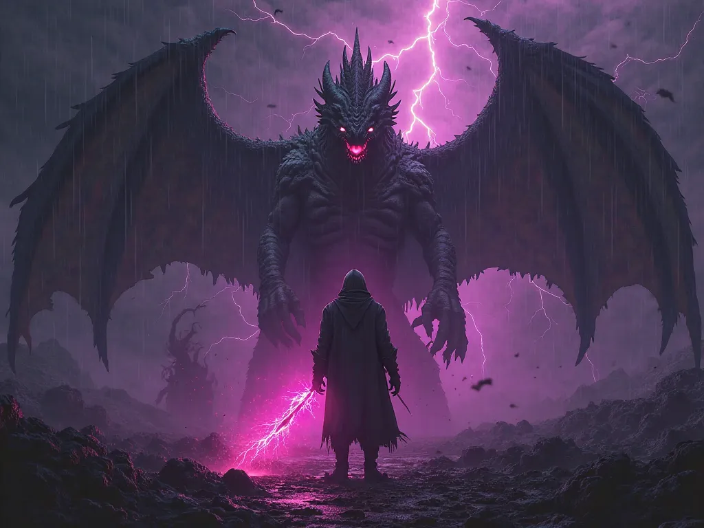 A dark and epic fantasy scene with a completely black background (1920x1080 px). A hooded warrior appears as a shadowy silhouette, holding a glowing staff that emits neon pink and purple lightning energy. A massive shadowy dragon looms in the background, i...